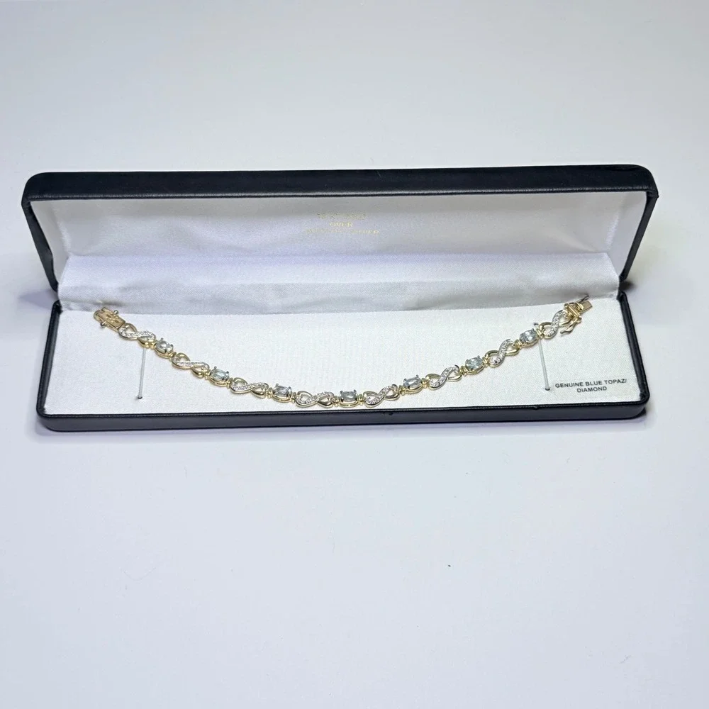 18KT Gold Over Silver Blue Topaz Diamond Infinity Link‎ Bracelet 925 China